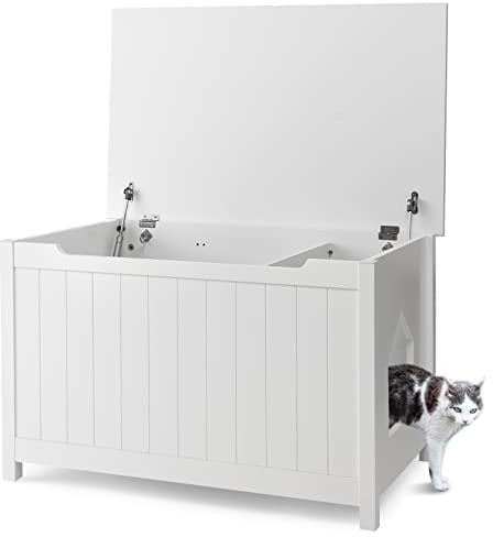 GYMAX Katzenklo mit Flip-Top-Design, Katzentoilette mit Verstellbarer Trennwand & Katzenloch & Lufthebel & Haken, Katzenhaus für Wohnzimmer & Katzencafé, weiß