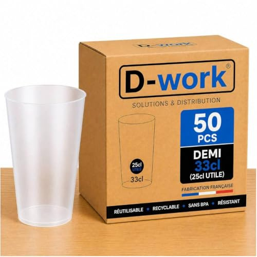 Lot de Gobelets Réutilisables 33 cl (25 cl utile) en Polypropylène Sans BPA, Verres Translucides Résistants, Idéal Soirée, Bar, Événement, Recyclables et Lavables - D-Work