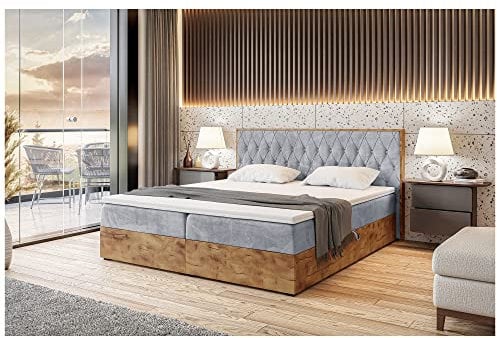 MEBLINI Boxspringbett mit Bettkasten - Gepolstert Doppelbett mit Matratze und Topper - Polsterbett mit Stauraum - Bett mit Kopfteil - Stauraumbett - Lofty 6-180x200 - H3/Hellgrau Samt