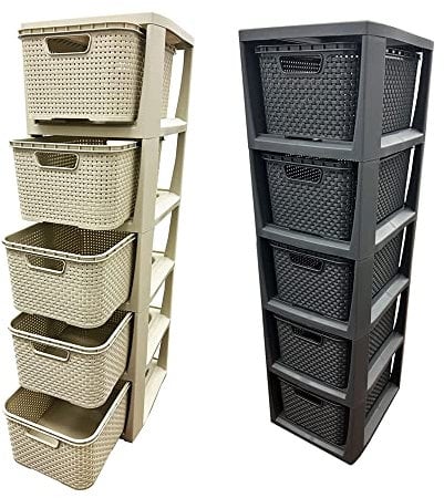 Grey Cream Large Spacious Rattan 5 Drawer Home Office Storage Modular Plastic Tower Unit (Cream)