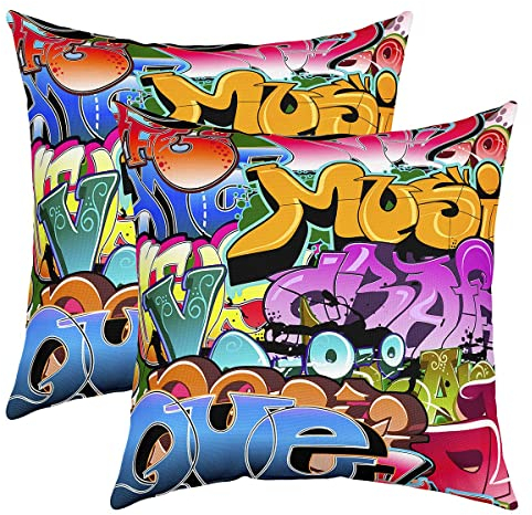 Graffiti Style Kissenhülle Hip Hop Thema Kissenbezug für Sofa Illustration Kissenbezüge Street Culture 40x40cm Dekokissen 2 Stück mit Reißverschluss Couch Bett Auto Stuhl Garten Dekor Kissen Fall
