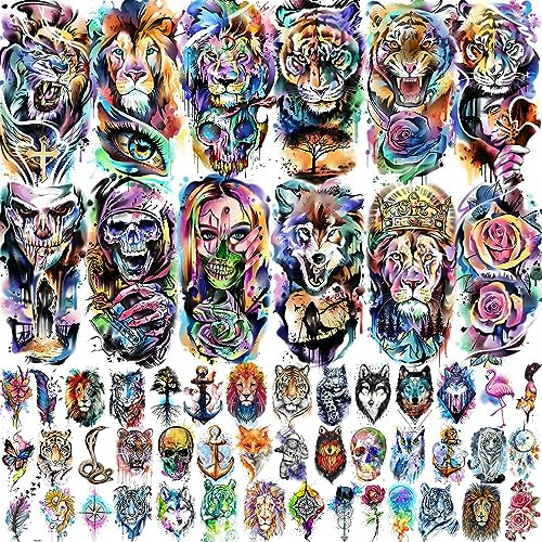 LAROI 55 Blatt 3D Aquarell Temporäre Tattoos Damen Herren Arm Klebetattoos Erwachsene Kinder, Bunt Tiere Tattoo Aufkleber Farbe, Löwe Wolf Schädel Halloween Fake Tattoos Zum Aufkleben Blume Tiger