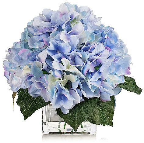 ENOVA FLORAL Seide Hortensie Künstliche Blumen in Vase mit Faux Wasser, Seide Blumenarrangements in Vase für Wohnkultur, Hochzeitstisch (Blau)