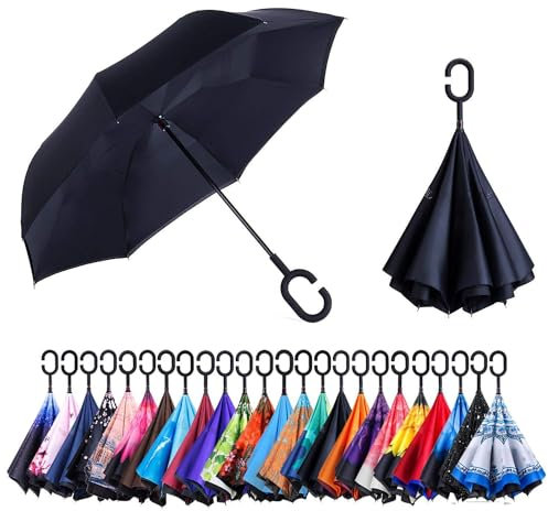 CICILIAYA Doppelschichtiger, faltbarer umgekehrter Regenschirm, selbststehend, umgedrehter Regenschutz, Auto-Umkehrschirme mit C-förmigem Griff, großer gerader Regenschirm, schwarz 2, Medium