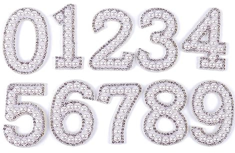 XUNHUI White 0-9 Number Patches Bead Rhinestones Iron on Patch Appliques for Clothing Hat DIY Sewing Garment Applique Accessories 1 Set