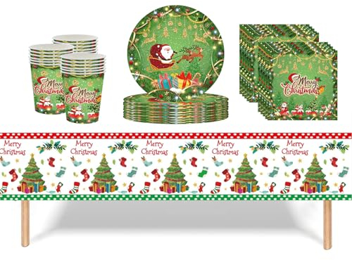 ATBEAMEN 53Pcs Green Santa Christmas Party Tableware Decorations, Table Cloth, 7inch & 9inch Paper Plates, Napkins for Xmas Disposable Dinnerware