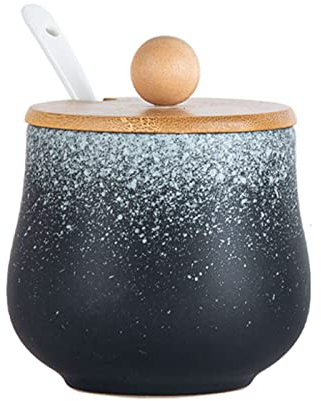 EPASHA Sucrier, Sucrier Bleu Foncé avec Couvercle et Cuillère, Pot à Sucre Ciel Étoilé de Style Européen, Pot à Épices for Récipient à Sucre avec Plateau-noir2-225ml