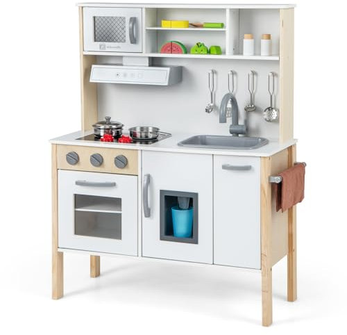 GOPLUS Cuisine Enfant en Bois, Jouet de Cuisine avec Effect Sonore, Évier Amovible, Hotte de Cuisine, Machine à Glaçons, 18 Accessoires Complets, pour Garçons Filles 3-6 Ans (Gris)