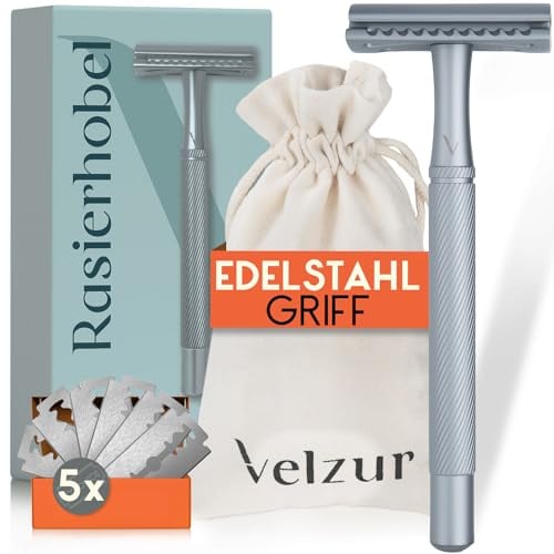 VELZUR® Rasierhobel inkl. 5 Klingen & Reisebeutel - geschütztes Griff-Design aus Edelstahl extra lang & rostfrei - Rasierhobel Set Unisex - 100% plastikfrei - Premium Safety Razor in Betongrau