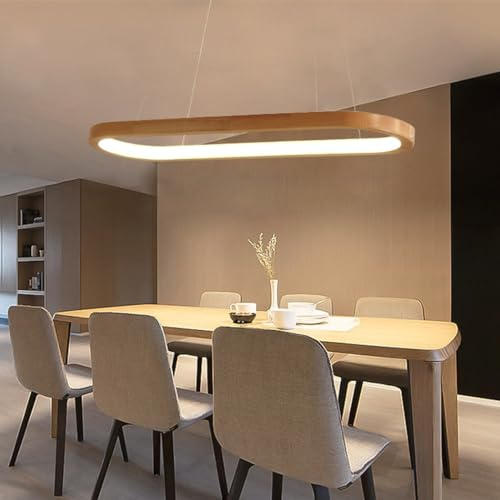 Pendelleuchte Modern Oval Esstischlampen LED Büro Hängeleuchte Dimmbar Wohnzimmer Deckenleuchte Höhenverstellbar Schlafzimmer Deko Hängend Lampen für Küche Bar Esszimmer Deckenlampe (Holz, L90CM)