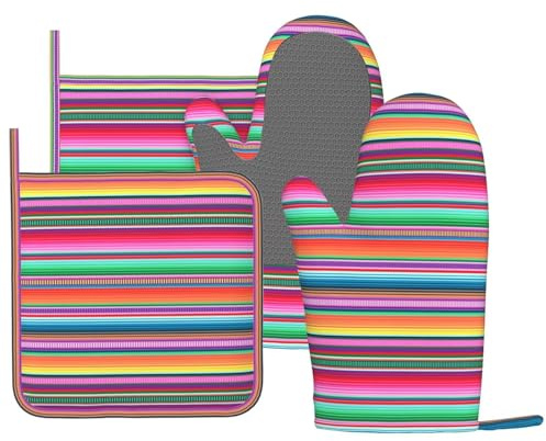 DYCBNESS Mexican Colorful Stripe Oven Mitts Pot Holders Set Silicone Vertical Lines Bright Colors Kitchen Oven Mitts Heat Resistant Potholders Non-Slip 4pcs Hot Pads and Oven Gloves Sets for BBQ