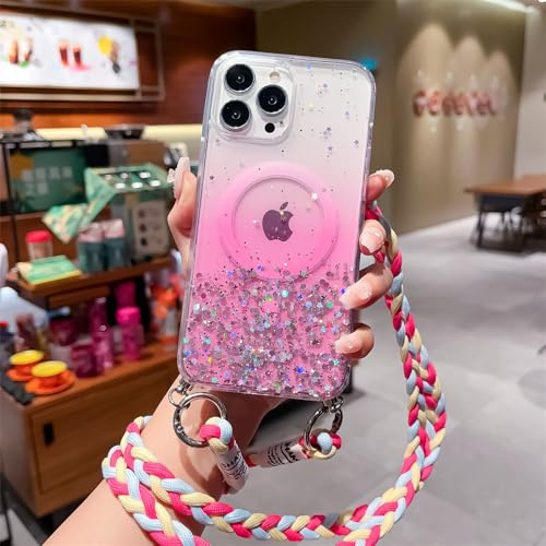 FIFTHAVE Handykette Handyhülle iPhone 15 Plus Glitzer Hülle mit Band Kompatibel mit MagSafe Necklace Schutzhülle mit Kordel Transparent Bling Case TPU Bumper für iPhone 15 Plus 6.7'' Rosa
