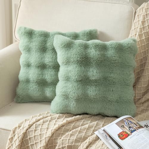 Yaertun 2er Set Salbei Grün dicken Woll Kissenbezug 60x60cm dekorative Kissenbezüge Sofakissen Dekokissen Wurfkissenbezug zierkissenbezug plüsch Kunstfell Kissenhülle Schlafzimmer Wohnzimmer