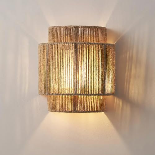 Appliques Murales En Rotin De 9 Pouces, Luminaires Muraux Boho Avec Corde De Chanvre, Appliques Murales Rustiques Pour Chambre À Coucher, Entrée, Éclairage Mural, Applique Murale Moderne Bohème