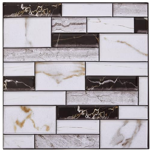 Warmiehomy 3D Self Adhesive Wall Tiles,30x30cm 12Pcs Peel and Stick Marble Tiles Waterproof Vinyl for Kitchen Backsplash Living Room Bedroom Bathroom(White-Black Marble)