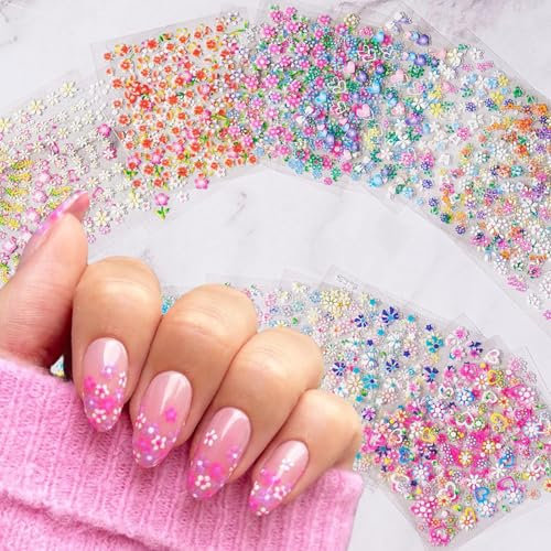 Mezrkuwr 30 feuilles de fleurs multicolores fleurs de cerisier marguerite autocollant ongles, avec le cœur et les fleurs de ruban autocollant 3D design ongles pour la décoration de manucure