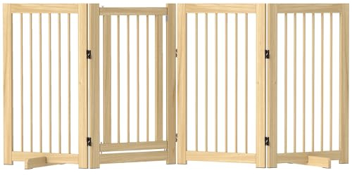 PawHut Absperrgitter Hund Freistehendes Schutzgitter mit Füßen 220 x 91 cm Holz Hundegitter Treppenschutzgitter Türschutzgitter Treppengitter für Treppen, Türen, Küche, Flur, 4 Paneelen, Naturholz