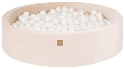 MEOWBABY Piscina de Bolas 120x120cm para Niños - Redonda Piscina con 300 Bolas, Terciopelo, Crudo: Blanco Perla/Beige