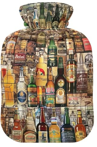 Vintage Bier Wärmflaschen mit weichem Bezug Bett Hand Füße Wärmer Winter Geschenk Wärmbeutel für Menstruationskrämpfe, 1L