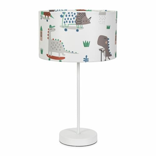 ValueLights | White Metal Single Stem Table Lamp with Kids Cartoon Dino Drum Lampshade for Bedroom | Table Lamps, Home Décor & Improvement Essential