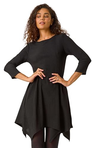 Roman Originals Hanky Hem Swing Dress with Pockets for Women UK Ladies Asymmetric Hemline Stretch Jersey 3/4 Sleeve Winter Smart Casual Work Office Knee Length Tunics - Noir - Size 12