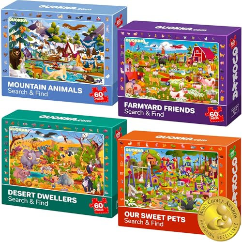 QUOKKA Puzzle ab 4 5 Für Kinder - 4x60 Teile Rahmenpuzzle ab 5 6 Jungen und Mädchen - Suchen & Finden Puzzle Spiele Wüste – Berge – Haustiere - Bauernhof - Geschenk Spielzeug für Kinder 6 7 8 Jahre