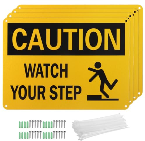 PATIKIL 10x7 Inch Caution Watch Your Step Signs, 4 Pack Reflective Aluminum Caution Sign Waterproof Weatherproof and Fade Resistant with Screws & Ties