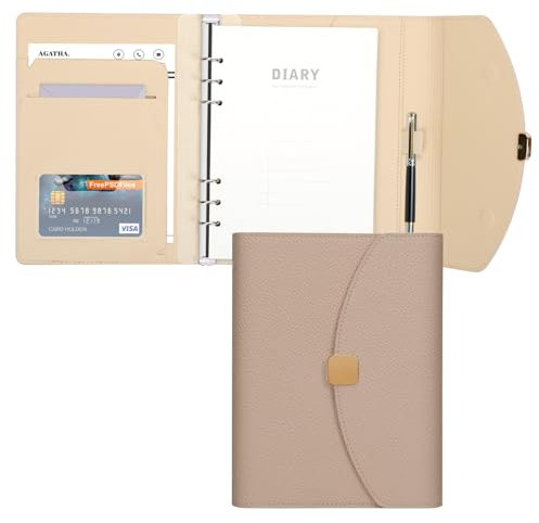 PU Leder A5 Binder Notizbuch,6 Ring Budget Binder Journal Planer mit nachfüllbaren gefütterten losen Blatt Papier 100 Blätter/200 Seiten,Khaki