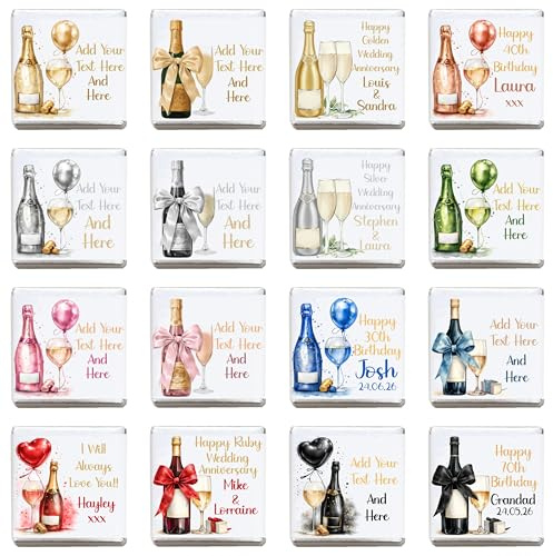 Personalised Champagne Chocolate Neapolitan Squares Congratulations Well Done Get Well Soon Thank you Anniversary Birthday Wedding Hen Party Favour Custom Own Design (25, Silver Foil)