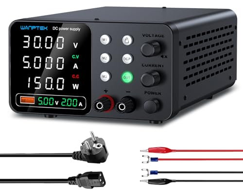 WANPTEK POWER Fuente Alimentacion Regulable, Fuente Laboratorio 30V 5A Ajustable con 3 Memorias y llave de bloqueo, Protección OCP/Salidas/Carga Rápida USB con Pantalla