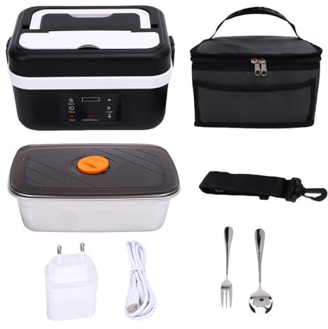 SPYMINNPOO Beheizte Lunchbox, 1L Edelstahl USB Stille Schnelle Elektrische Lebensmittelbox Tragbare Mikrowellen -Lebensmittelwärmer mit Gabellöffel für Auto -LKW -Büro (Schwarz-Weiss)