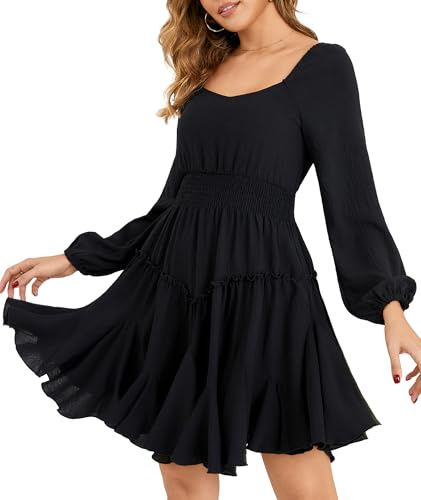 Beluring Tunika Kleid Damen Elegant Laterne Langarm Freizeitkleider Eckiger Ausschnitt A Linie Party Minikleid Schwarz S