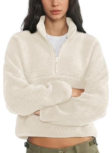 Yioaga Fleece Sweatshirts for Women Cropped Long Sleeve Half Zip Pullover Sherpa Jacket Warm Fuzzy Coats with Pockets(Beige,M)