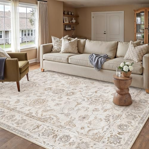PureCozy Beige Teppich Wohnzimmer 160x230cm Waschbarer Cream Teppiche | Weicher Kurzflor, Rutschfest, Pflegeleicht, Vintage Carpet, Schlafzimmer, Esszimmer, Büro ,Kinderzimmer