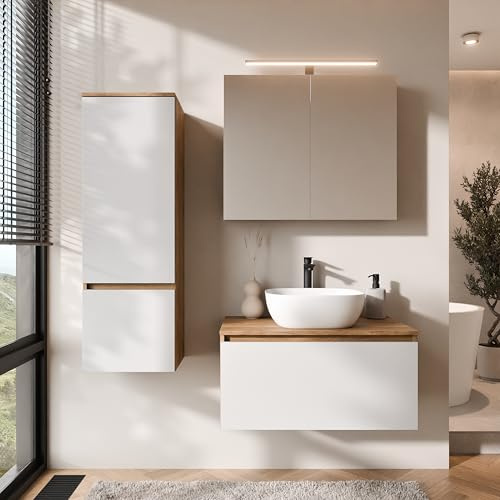 Planetmöbel Arisa Badmöbel Set Waschtisch mit Unterschrank | 80 cm, gold eiche weiß mit ARIA Spiegelschrank und Hochschrank, Waschbecken 42 cm gold eiche weiß, Raumsparsiphon