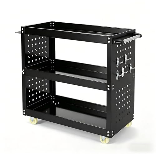Industrial Service Trolley Cart, 3-Tier Heavy Duty Rolling Tool Cart with Lockable Wheels, Carbon Steel Mobile Utility Trolley Garage Storage Cart for Workshop, Garage, Kitchen & Lab Storage