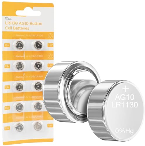 10 Piece AG10 LR1130 SR1130 Button Cell Batteries - 1.5V Alkaline Coin Battery, Power For Watches, Calculators, Hearing Aids, Glucometers, Key Fobs and Small Electronics (10pc LR1130 Batteries)