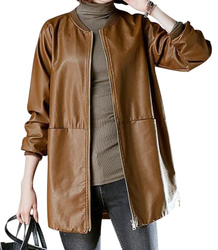 Veste Simili Cuir Femme mi Longue Blouson Imitation Simili Cuir PU Moto Femmes Veste Motard Blousons Cuirs Blouson Motarde Biker Oversize Faux Leather Jacket pour Femme Printemps Grande Taille Chic