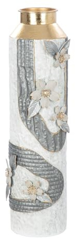 GILDE Bodenvase Cherry Blossom - Metall - Grau Weiß - Höhe 57cm x Ø 16cm - Gewischte Metallische Optik