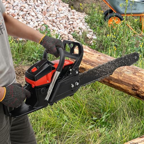 Benzin Kettensäge Motorsäge Baumsäge, Luftgekühlten 2-Takt-Motor, 58 cm³ Hubraum, 45,7 cm Kettenlänge, Drehzahl 2800-11000 U/min, mit Handschuhe, für Gartenbaumschnitt und Waldholzeinschlag