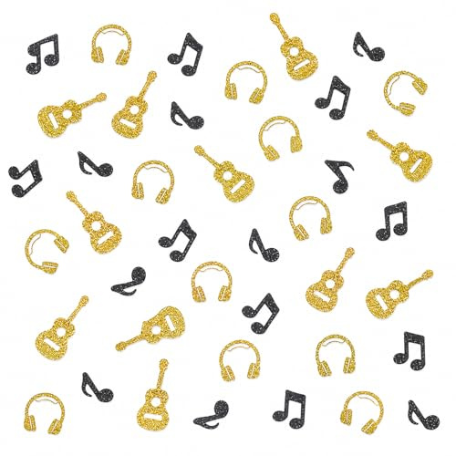 Ovanda 100 Stück Musik Konfetti Schwarz Gold mit Noten & Gitarren | Schwarz goldenes Tischkonfetti mit Musiknoten, Gitarren und Kopfhörern für Rock, Disco, Karaoke und Geburtstagspartys