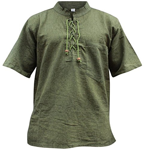 SHOPOHOLIC FASHION Herren Hanf-Baumwolle Grandad Kurzarmhemd, Boho Schnürkragen mit Holzperlen, Lässiges Sommer-, Strand- & Festivalshirt (M,Grün)