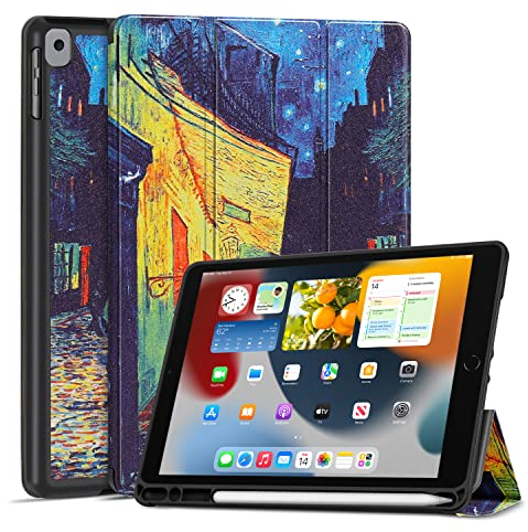TNP Case for iPad 9th Gen 2021/iPad 8th 2020/iPad 7th 2019 Generation Protective Cover with Pencil Holder - 10.2 inch Slim Soft TPU Trifold Stand PU Leather Folio Auto Sleep Wake - Cafe At Night
