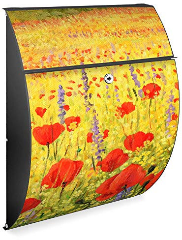 banjado Design Briefkasten - Modell Riviera 46x33,5x13cm groß - verzinkter Stahl anthrazit - Postkasten Öffnungsstopp großer A4 Einwurf Zylinderschloss 2 Schlüssel - Motiv Feld Mit Mohnblumen