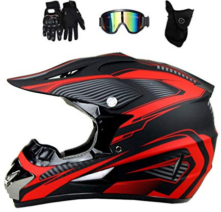 MRDEAR Motorradhelm, Motocross Helm Schwarz und Rot, Kinder Cross Helm, Full Face Motorrad Crosshelm Mopedhelm Dirt Bike ATV Off Road Racing Helm mit Brille Handschuhe Maske (4 Stück),M