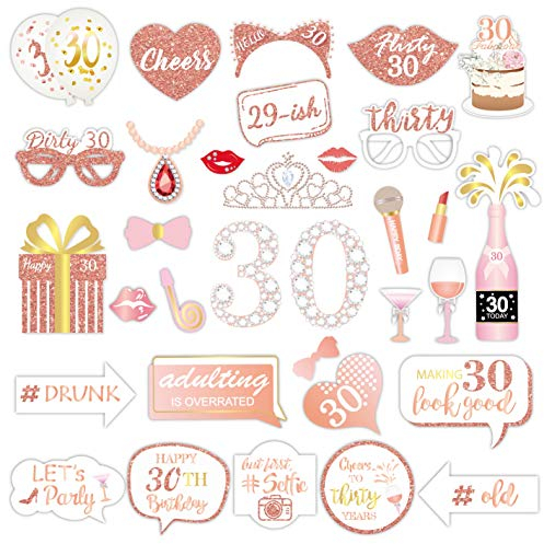 Qpout Rose Gold 30 Geburtstag Foto Requisiten (32Stück), Geburtstagsfeier lustige Fotorequisiten für Frauen 30. Geburtstag Party Photo Booth Props Dekoration Accessoires, mit Bambusstöcken&Aufkleber