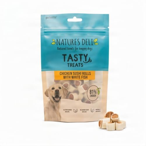 Natures Deli Dog Treats Chicken Sushi Rolls with White Fish Gluten Free Low Fat Bite-size Treats for Dogs High Protein Dog Biscuits - 100 g