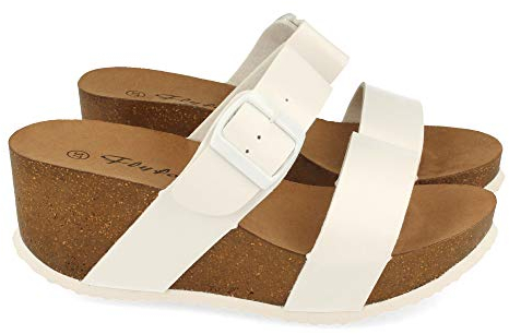 shoes&blues.es Sandalia Mujer con Cuna Bio, Pala Fina, Super Comodas, Talon Abierto y Decorada con Hebilla. Primavera Verano.. Talla 38 Blanco