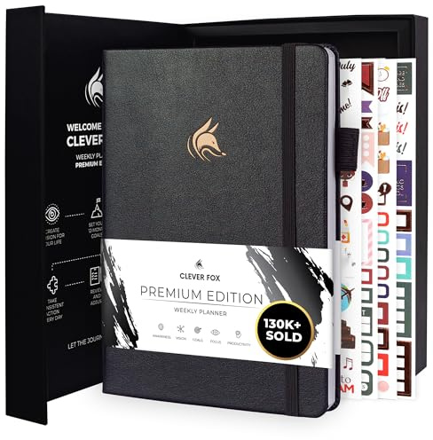 Clever Fox Planner Premium, Undated Weekly & Monthly Planner, Silver Black | Advanced planner with gift box & stickers, daily day organizer for women, men & entrepreneurs, A5 eco leather hard cover