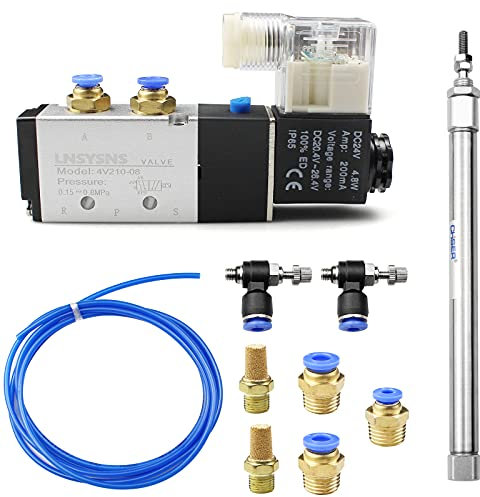 Suaywo Électrovanne Pneumatique Électrique 5 Voies 2 Positions CE et Cylindre à Air Mince à Double Effet, Tuyau Pneumatique en PU Bleu, Pneumatique de Silencieux, D'un Raccord de Tuyau Air
